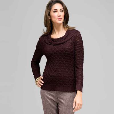 3/4 Sleeve Novelty Pointelle Cowl Neck